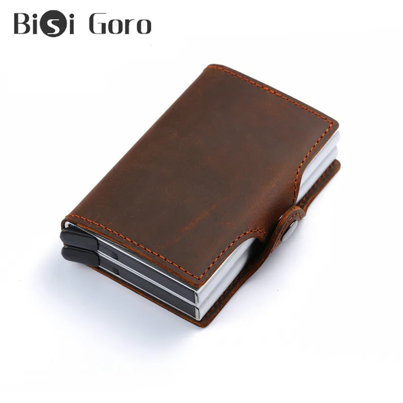 

BISI GORO Crazy Horse Genuine Leather Men Wallet Money Bag Rfid Card Wallet Mini Slim Male Metal Smart Wallet Small Thin Purses