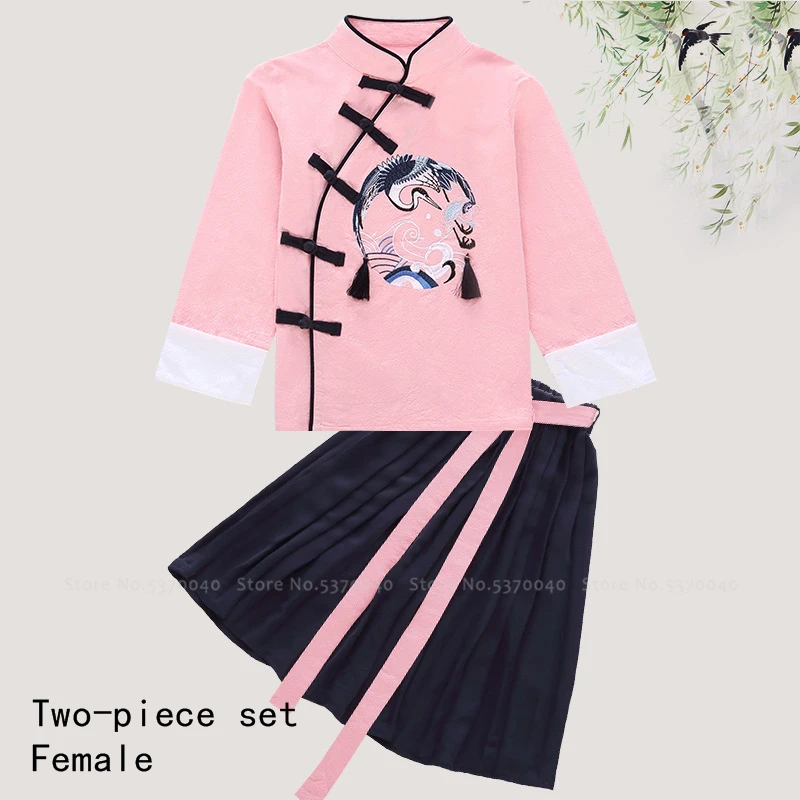 Girl Pink Китайский традиционный детский комплект одежды с вышивкой Журавля, Детский костюм в стиле династии Тан, нарядное платье для девочек, топы кунг-фу для мальчиков, юбки, штаны - Цвет: Girl Pink