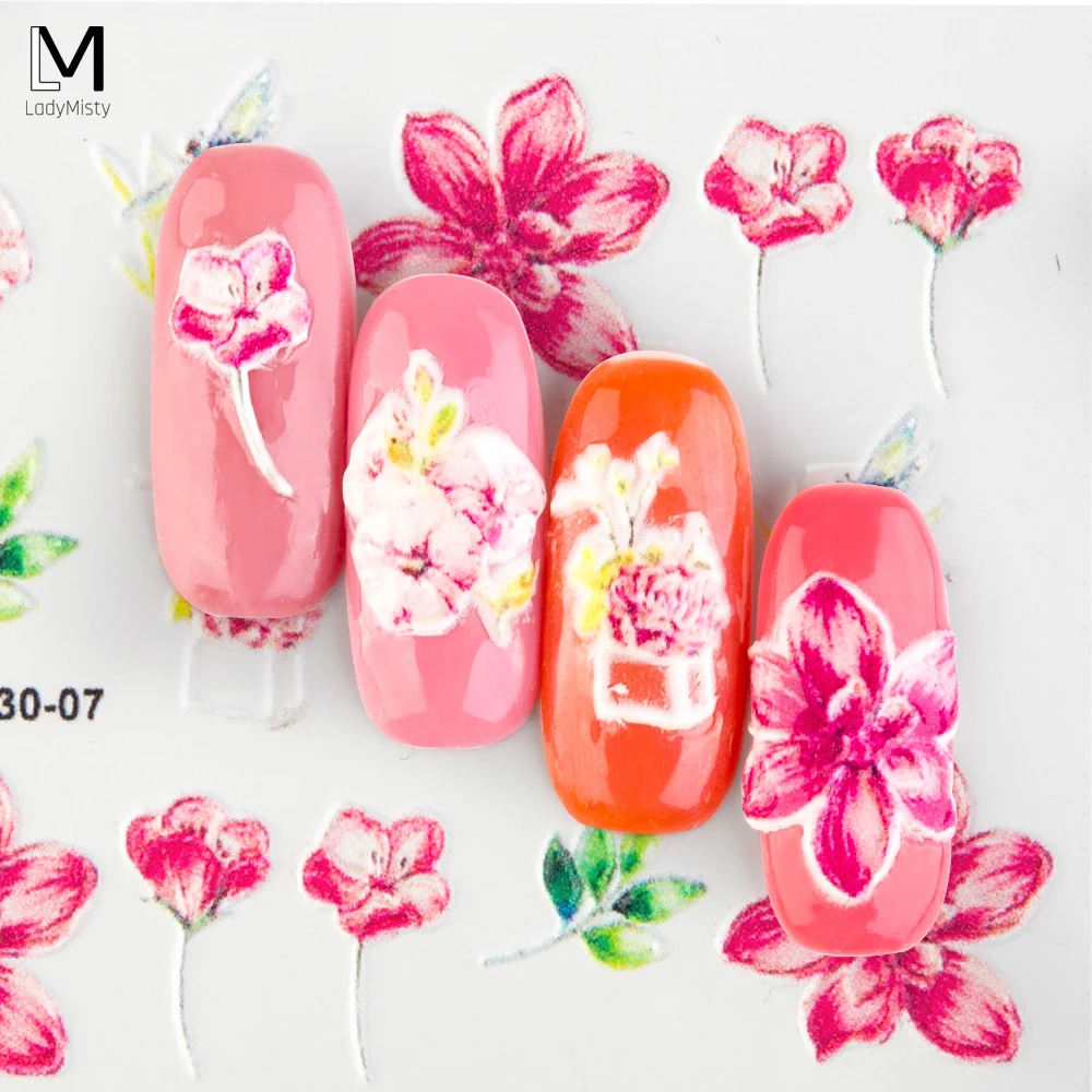 

1Pcs 3D Acrylic Engraved flower Nail Sticker Water Transfer Nails Art Sticker Decals Glitter Nail Wraps Decals