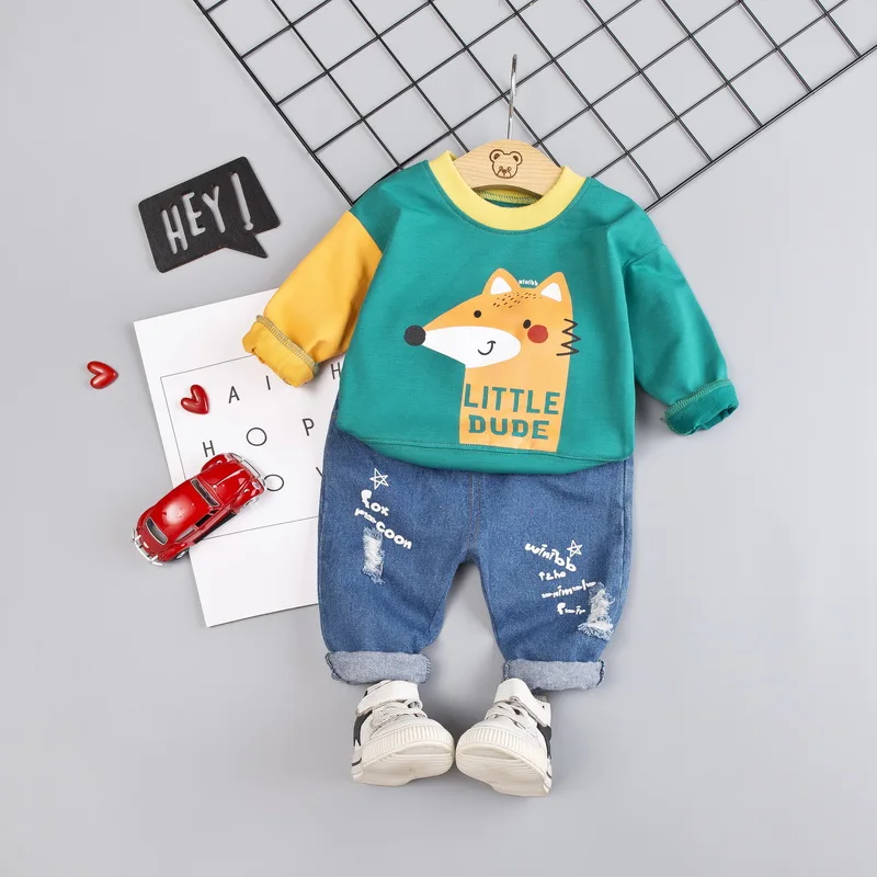 

2019 New Infant Boys Girls Spring Autumn Cartoon Fox Bear T Shirt + Denim Pants Clothes Sets Children Kids Hole Jeans Clothing