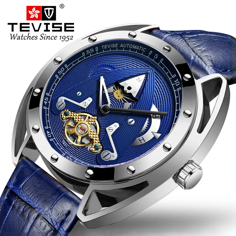 

Fashion Top Brand Tevise Automatic Mechanical Men Watch Fashion Leather Strap Tourbillon Moon Phase Multi-function Sport Clock