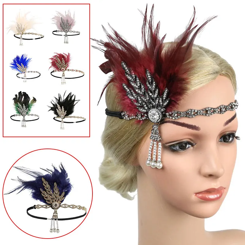 Women Vintage Feather Headband Black Rhinestone Beaded Sequin Hair Band 1920s Gatsby Party Headpiece Flapper Feather Headband