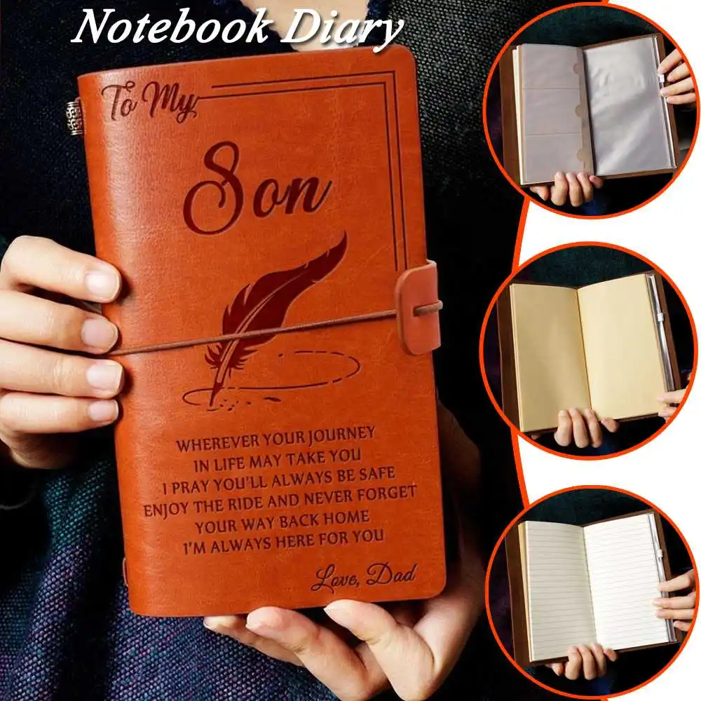 

KICUTE A6 DIY Birthday Gift Journal Diary To My Son Leather Notebook Engraved Emboss Gift to Son Week Planner Card Holder Agenda