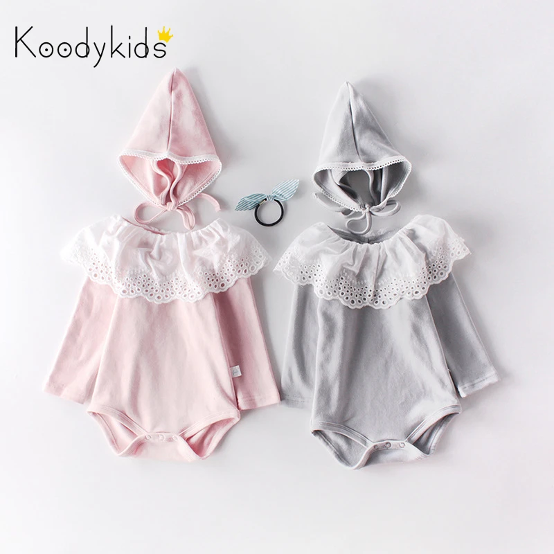 Koodykids/Боди для маленьких девочек; весенние комбинезоны со шляпой; детские кружевные комбинезоны; Осенняя детская модная одежда розового и серого цвета с длинными рукавами