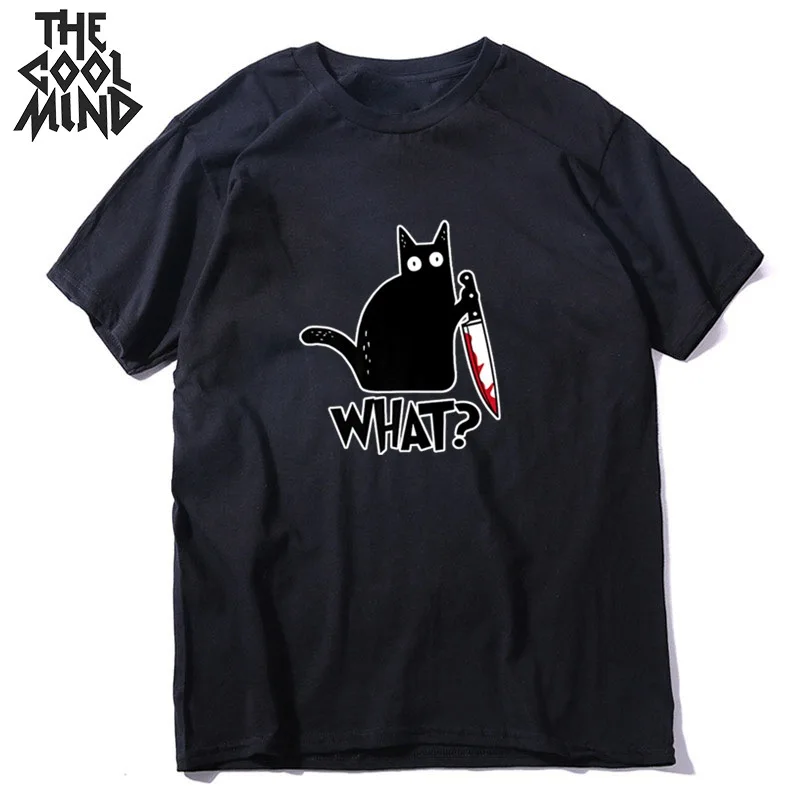 O-Neck T-Shirt Knife COOLMIND 100%Cotton Short-Sleeve Cat-Print Casual Men Top Loose