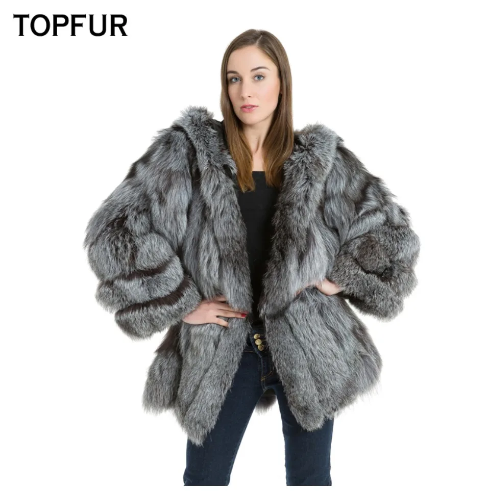 TOPFUR, модные зимние женские пальто с капюшоном, натуральный мех, пальто для женщин, натуральный мех серебристой лисы, верхняя одежда и пальто, базовые куртки