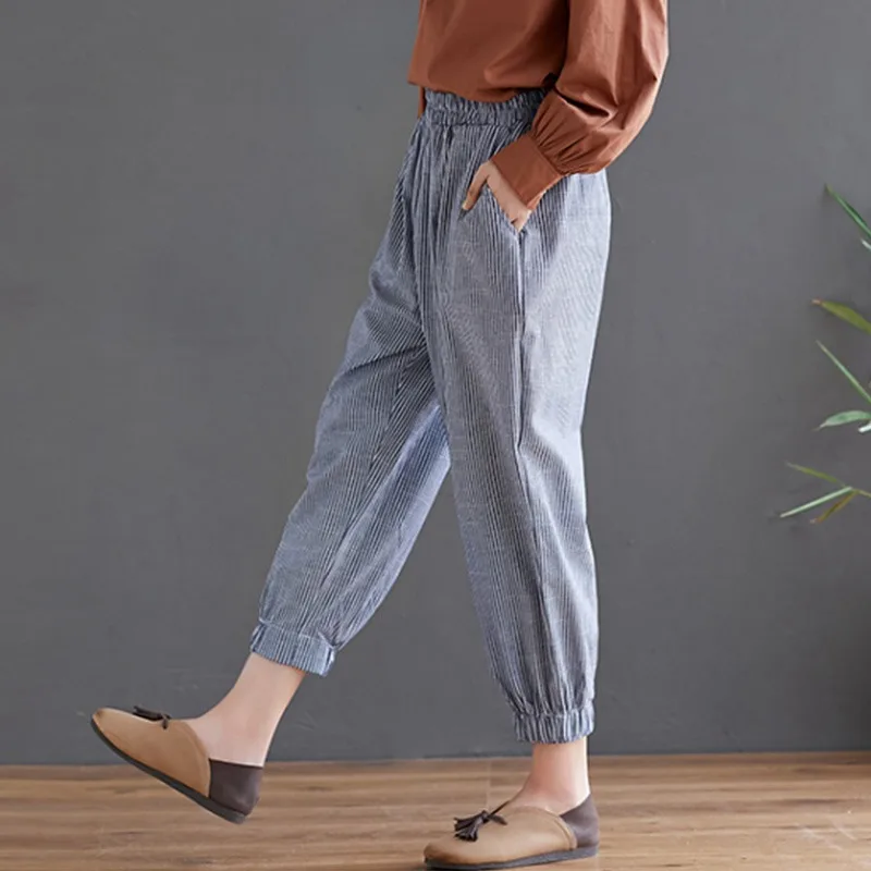 

Mferlier Autumn Cotton Linen Pants Elastic Waist Ankle Length Elastic Pants Leg Blue Black Beige Female Casual Striped Pants