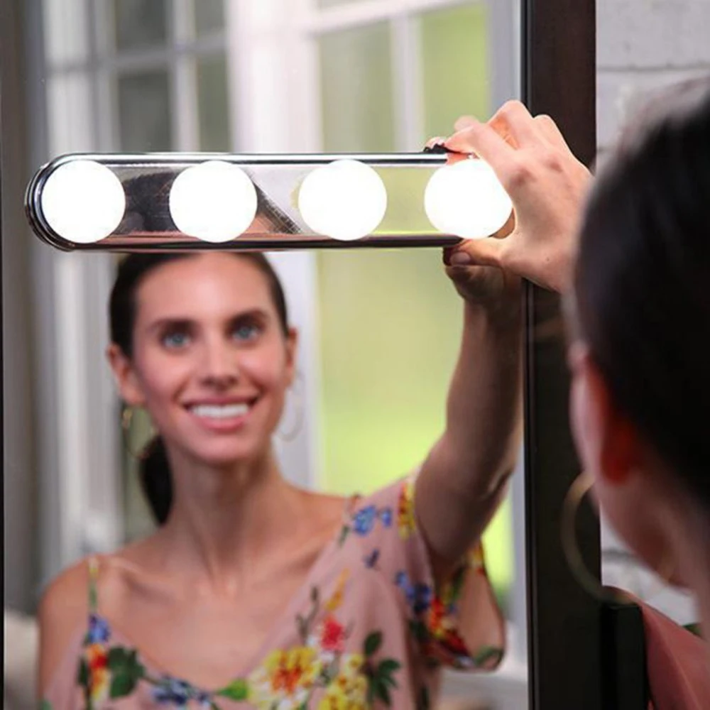 Светодиодный подсветка косметического зеркала Make Up супер яркий свет 4 светодиодный лампы карманное косметическое зеркало свет набор батареек приведенный в действие