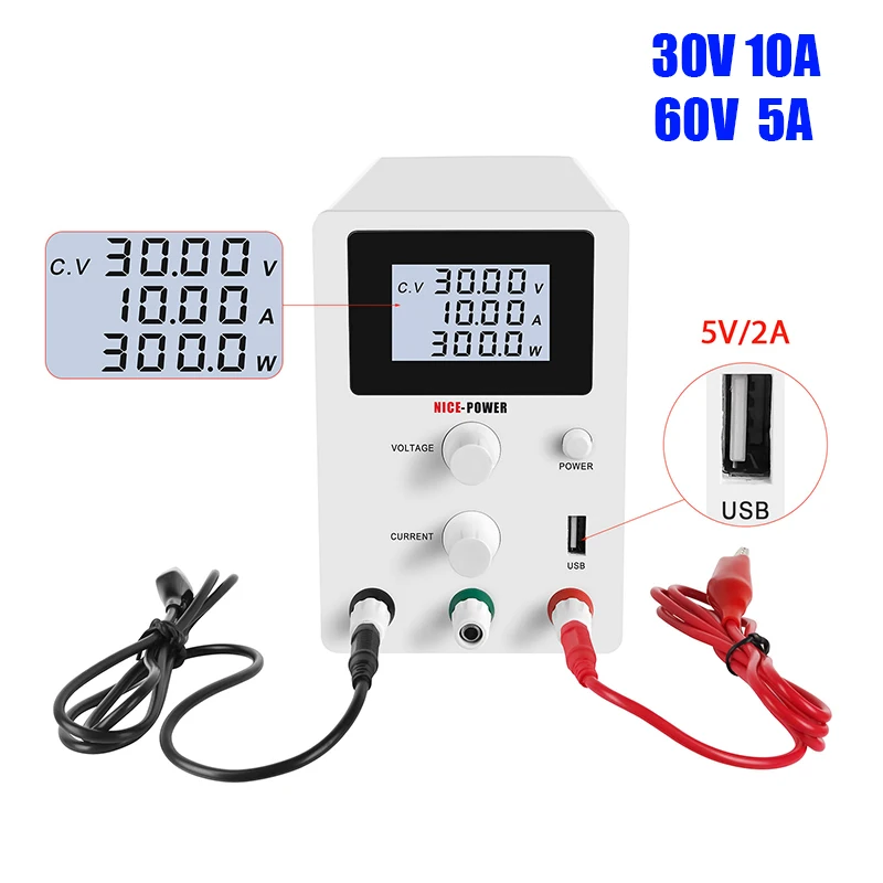 ЖК-дисплей Дисплей Регулируемый лаборатории Питание 30V 10A Переключение DC Мощность питания с USB регулируется Мощность поставки 60V 5A Портативный