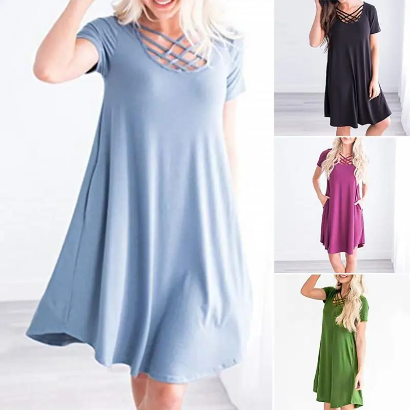 

Short Sleeve Summer Dress Crew Neck Basic Solid Women Dress Cross Strap Casual Ladies #137