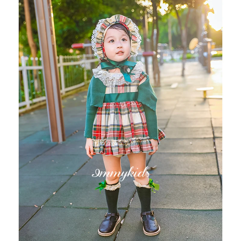 Зима г.; новое зеленое клетчатое платье для девочек в Испанскую академию; вязаный кардиган; комплект из 4 предметов; рождественское платье для девочек на День Благодарения