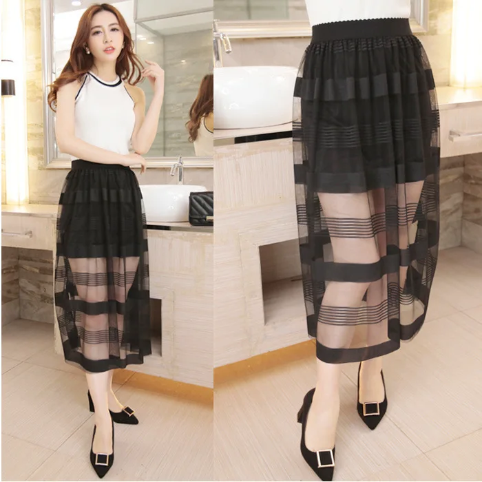 

Summer New Style Korean-style High-waisted Stripes Gauze Lace Skirt Transparent Long Skirts