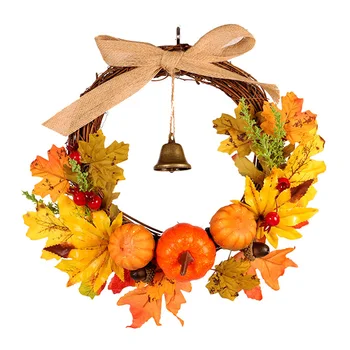 

New Autumn Leaf Pumpkin Wreath With Bell Household Wall Hanging Decoration Thanksgiving Halloween Front Door Decor Drop Shipping