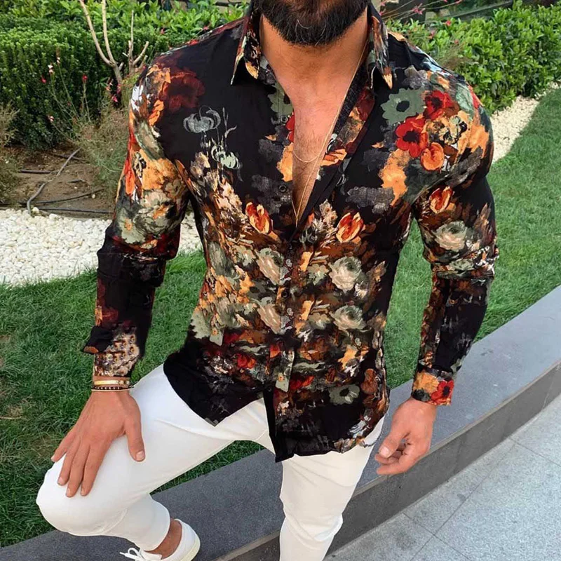 

Men's Tops Floral Printed Shirts Long Sleeve Fashion Business Slim Fit Holiday Slim Men Shirt