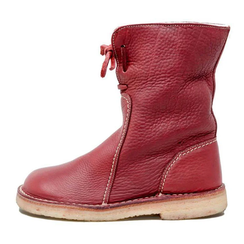 Женские зимние сапоги; теплые уличные сапоги до середины икры на низком каблуке со шнуровкой; удобные качественные высокие сапоги; повседневная женская обувь; J385 - Цвет: Красный