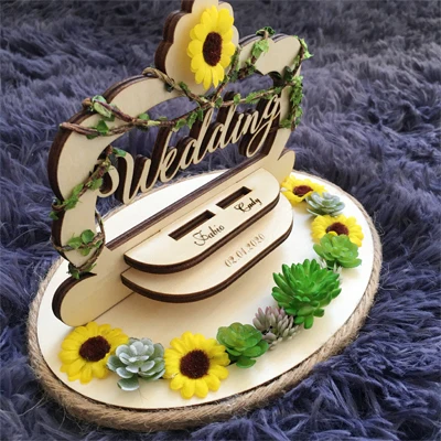 On sale custom name Anniversary Engagement rings bearer pillow wood wedding flower rustic ring box - Цвет: Бежевый