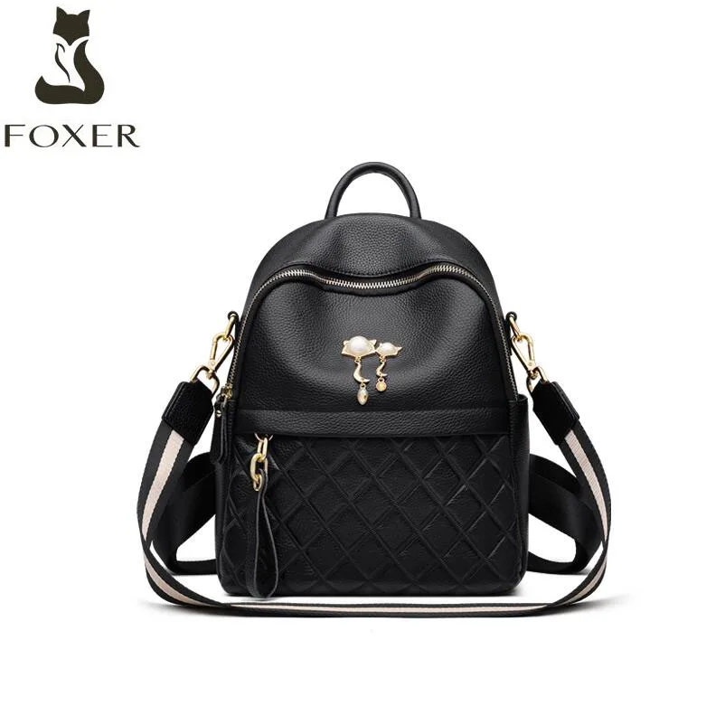FOXER, женские сумки из натуральной кожи, модная сумка из натуральной воловьей кожи, Большой Вместительный женский рюкзак, Высококачественная сумка из воловьей кожи - Цвет: Black