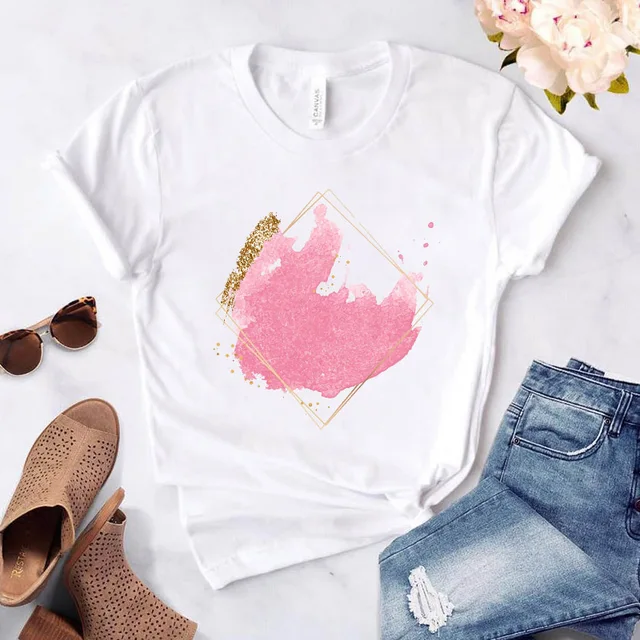 Heart flower print ladies T-shirt ladies casual basis O-collar white shirt short sleeve ladies T-shirt love graphic printing 33206