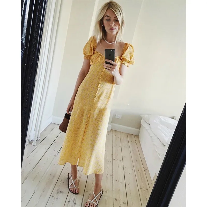 

LouLan Queen Silk Women Runway/Summer/Yellow/Maxi/Party/Boho/Beach/Elegant/Floral Dress Women Summer Dress