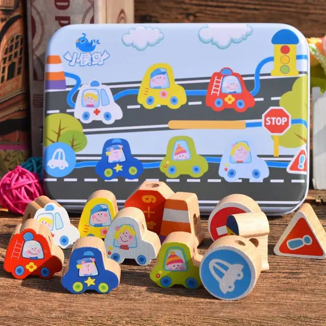 Деревянные бисерные игрушки/Детские DIY мультфильм фрукты животные резьбы/бисерные игрушки Монтессори детские подарки для раннего обучения - Цвет: Traffic