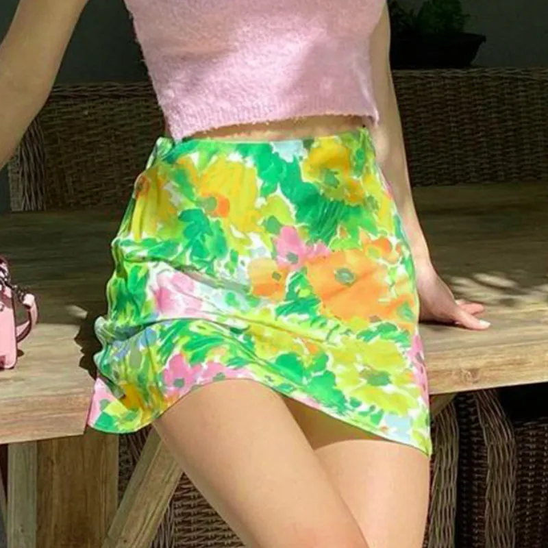 

Women Summer Lace Floral Tie Dye Oil Print Solid Vinatge Trumpet Streetwear Chiffon High Waist Skirts