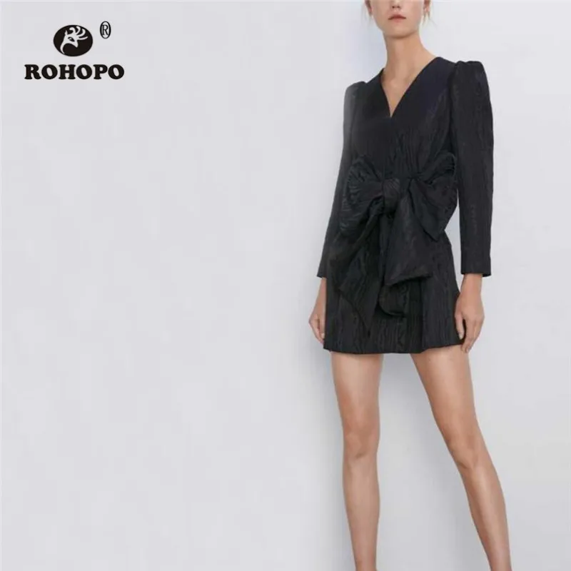 

ROHOPO Long Sleeve Wrap V Collar Big Bow Waistband Poplin Black Mini Dress Ladies Elegant Solid Straight Baggy Robe #9309