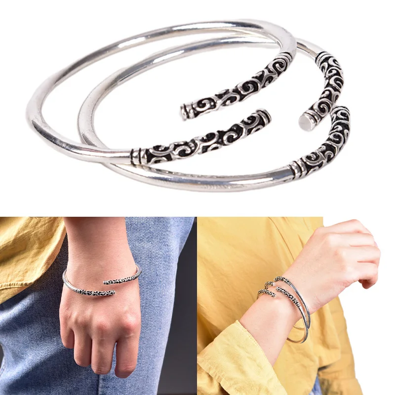 2PCS Silver Vintage Popular Hoop Charm Handmade Men Jewelry Vintage Women Bangle Bracelet Open Cuff Jewelry Gift