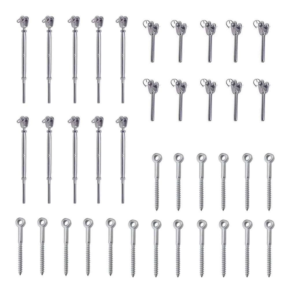 

10pcs Stainless Steel Cable Railing Kit for 1/8" Cable Include 10pcs Jaw Swage Stud Turnbuckle 20pcs Fork Terminal Lag Screw Eye