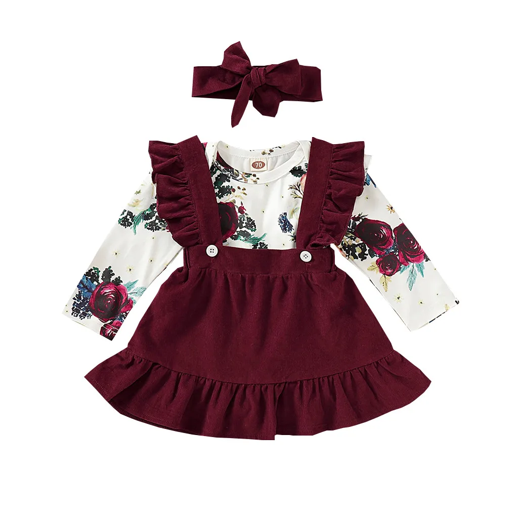 Комплект из 3 предметов, одежда для маленьких девочек модный комбинезон с длинными рукавами и цветочным рисунком для маленьких девочек, боди+ юбка на подтяжках, Одежда для новорожденных - Цвет: Wine