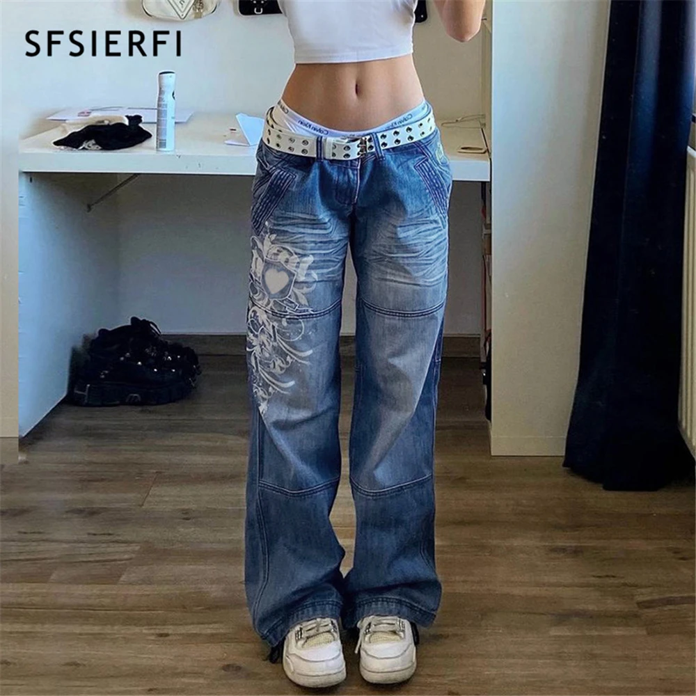 Sfsierfi Streetwear Gothic Jeans Women Y2k Print Low Waist Jeans Trousers  Casual Denim Pants Korean Summer Straight Baggy Jeans - Jeans - AliExpress