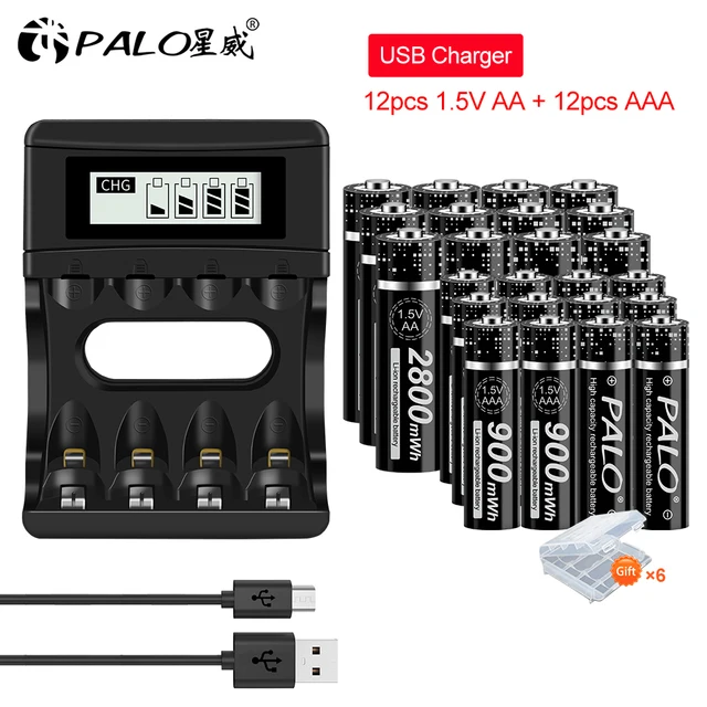 PALO 1.5V AA Li-ion Rechargeable Batteries+1.5v AAA Li-ion Rechargeable Batteries with LCD Smart 1.5V Lithium Battery Charger 12AA12AAA charger