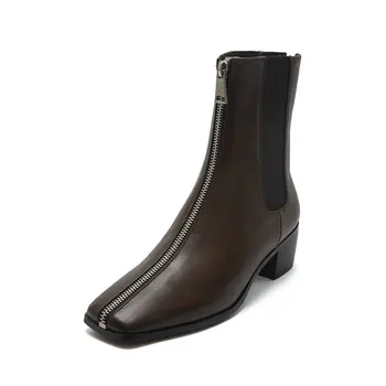 

2020 New Quality Genuine Leather Women Ankle Boots Zipper Comfortable High Heels Winter Warm Party Shoes Woman Short Boots