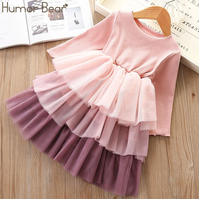 BE075 pink Humor Bear/ г. Осеннее платье для девочек; Одежда для маленьких девочек; одежда с длинными рукавами для девочек; Сетчатое нарядное детское платье принцессы; вечерние платья для дня рождения - Цвет: BE075 pink