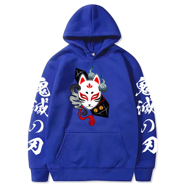 Anime Demon Slayer Hoodie Men and Women Print Pullovers Harajuku Sweatshirts Long Sleeve Loose Streetwear Hoodie Tops Blue