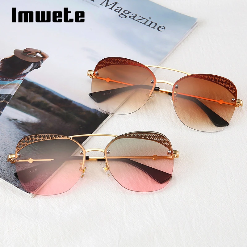 

Imwete Semi-Rimless Hollow Men Women Sunglasses Oversized Jelly Gradient Lens Brand Design Female Out Sun Shade Goggles UV400