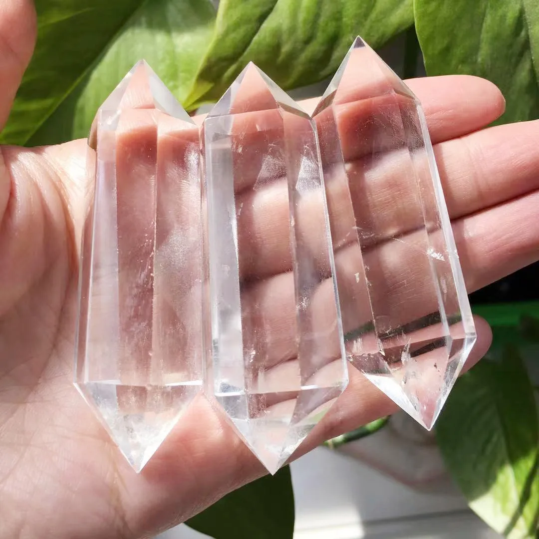 3PCS Natural White Quartz Clear Crystal Obelisk Reiki Treatment Healing Stone Polishing Double-pointed Hexagonal Wand 3