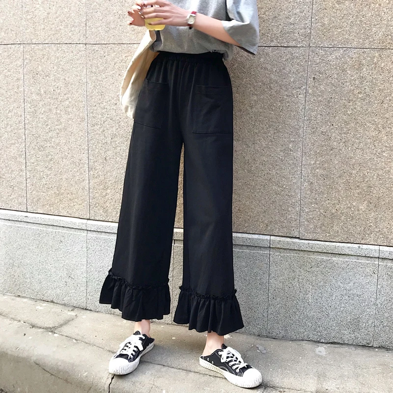 Pantalones mujer cintura alta эластичный пояс, карманы с оборками, однотонные плиссированные широкие брюки с высокой талией, брюки свободного покроя