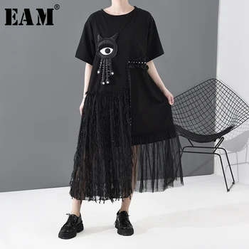 

[EAM] Women Black Mesh Asymmetrical Big Size Dress New Round Neck Short Sleeve Loose Fit Fashion Tide Spring Summer 2020 1T797