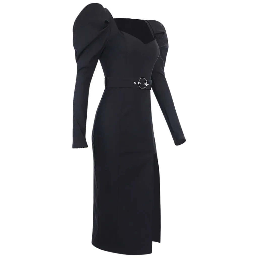 Vestidos, Дамское платье в стиле панк, с поясом, с длинными рукавами, однотонное, с пышными рукавами, с квадратным воротником, пикантное платье с разрезом, платье женское