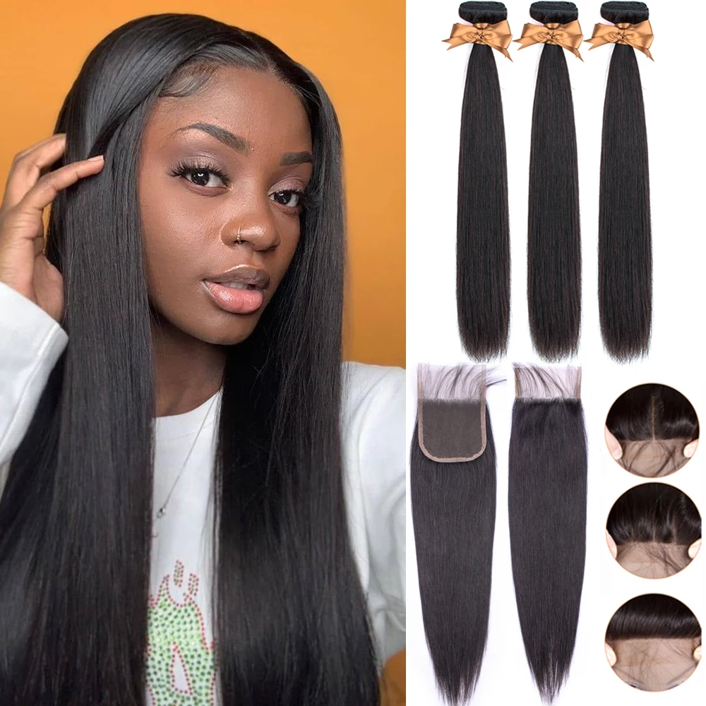Allrun Human Hair Bundles With Closure Brazilian Hair Weave Bundles