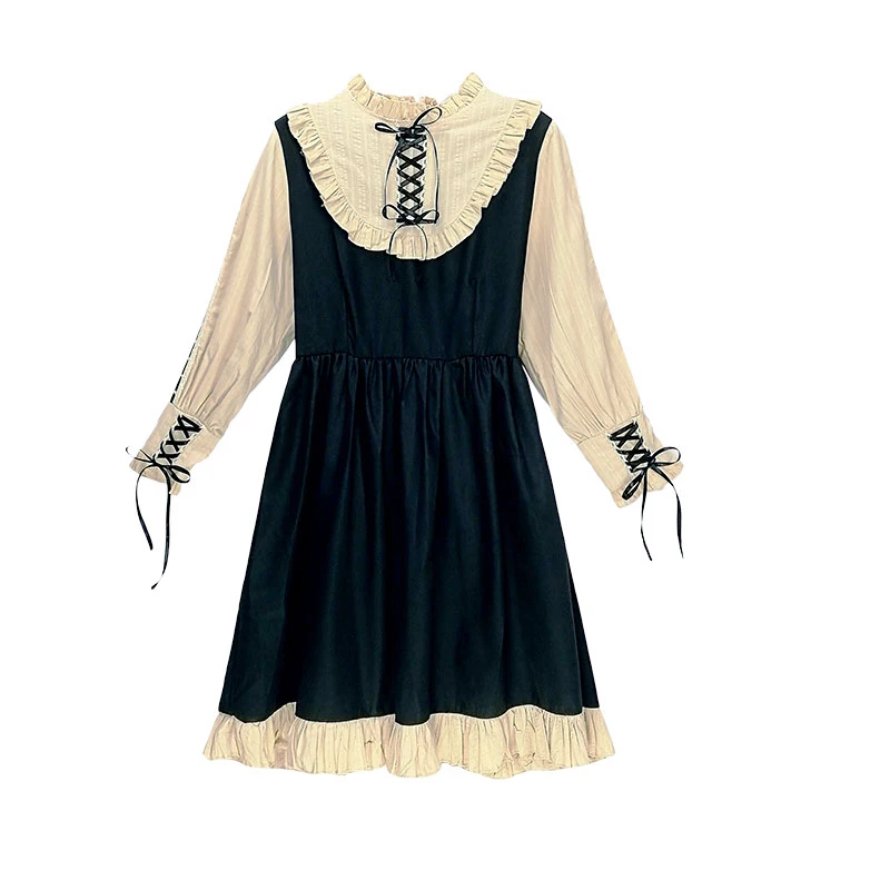 Dress ONLY Милое Платье в стиле Лолиты JSK, милое платье с оборками и рукавами-фонариками, с бантом, с высокой талией, черные, бежевые вечерние платья принцессы, Повседневное платье для девочек - Цвет: Dress ONLY