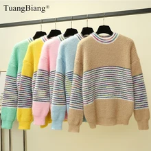 *#Best Price Women Stripe Long Sleeve Thick Winter Sweaters Ladies O-Neck Loose Pullover rainbow Thicken knit Jumpers Female Autumn Soft Tops *#Best Price Women Stripe Long Sleeve Thick Winter Sweaters Ladies O-Neck Loose Pullover rainbow Thicken knit Jumpers Female Autumn Soft Tops
