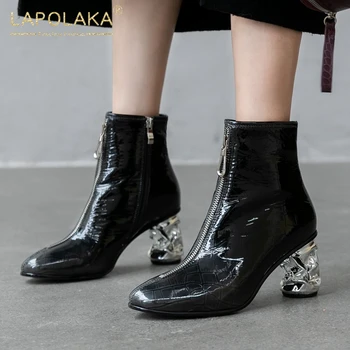 

Lapolaka 2020 New Arrivals Patent Leather Comfy Shoes Woman Boots Female Strange Style Crystal Zipper Black Trendy Booties