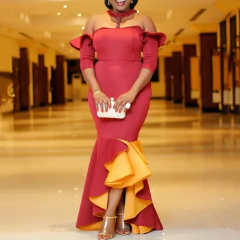 

Halter Ruffle Sexy Evening Party Dress Women Summer Mermaid Long Dresses Plus Size 2020 African Red Elegant Robe De Soiree