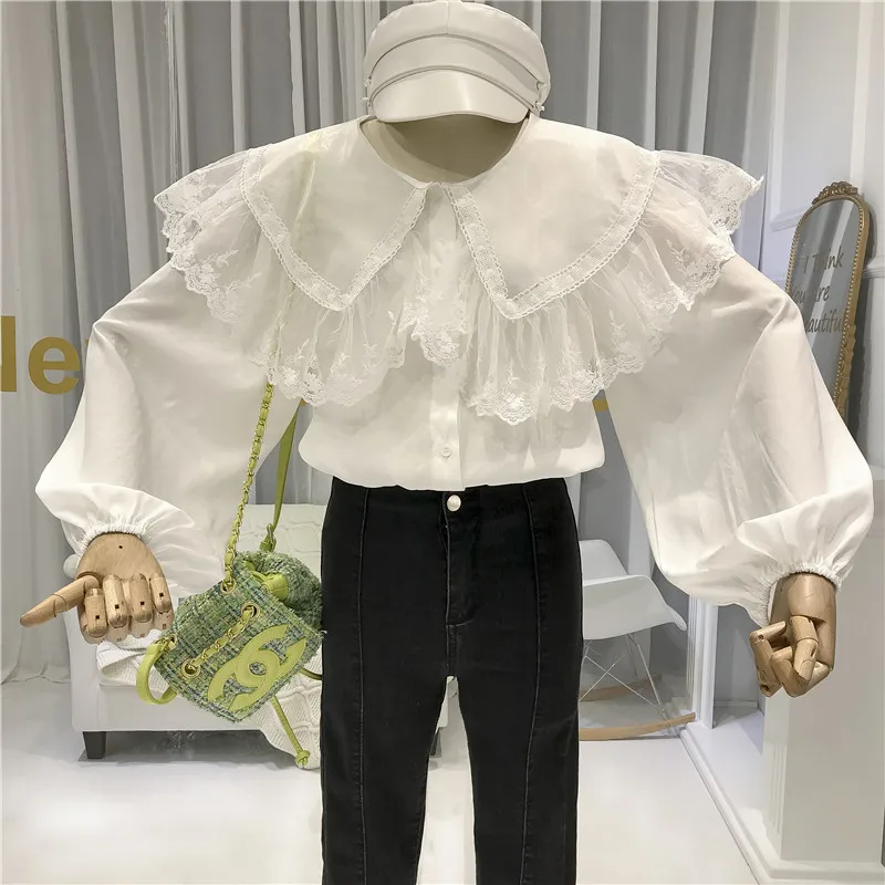 Стиль Лолита Питер Пэн воротник женские рубашки с длинными рукавами Blusas Femininas фонарь рукав Твердые Женские топы и блузки