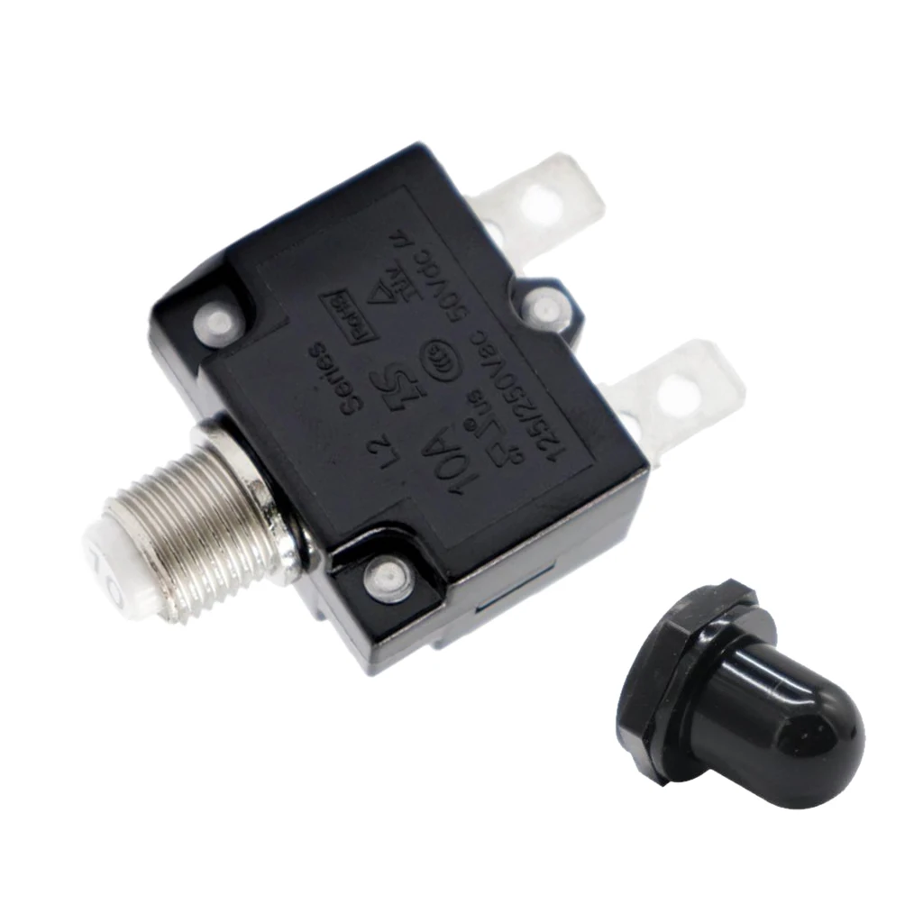 10 Amp Thermal Overload Protector, DC50V Push Reset Button Circuit Breaker with Black Button Cap 10 Amp Thermal Overload Protector, DC50V Push Reset Button Circuit Breaker with Black Button Cap