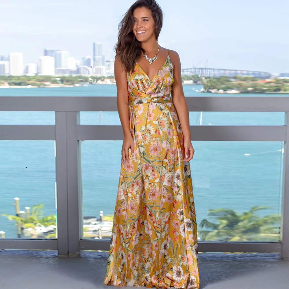 Women's Sling Floral Long Dresses arrival Summer Boho V-Neck Sleeveless  Party Beach Floarl Print  Maxi Dress Casual Sundress macys dresses Dresses