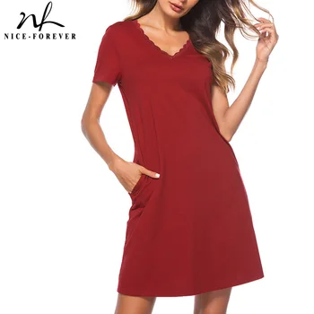 

Nice-forever Casual Pure Color with Pocket Dresses Women Straight Shift Summer Loose Dress btyT025