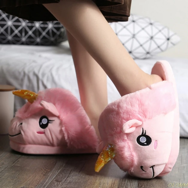 Women unicorn slippers fashion Appliques house slippers for girls plush lovely cheap fur slippers bedroom - Цвет: 14