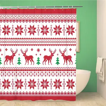 

Bathroom Shower Curtain Green Pattern Christmas and Winter Knitted Deer Scandynavian Red 72x72 inches Waterproof Bath Curtain